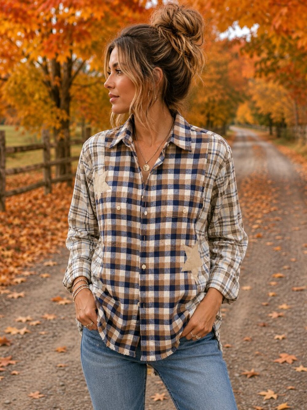 Upcycled Patchwork Plaid Shirt, Boho Mixed Print Top Star Appliqué Size M - L